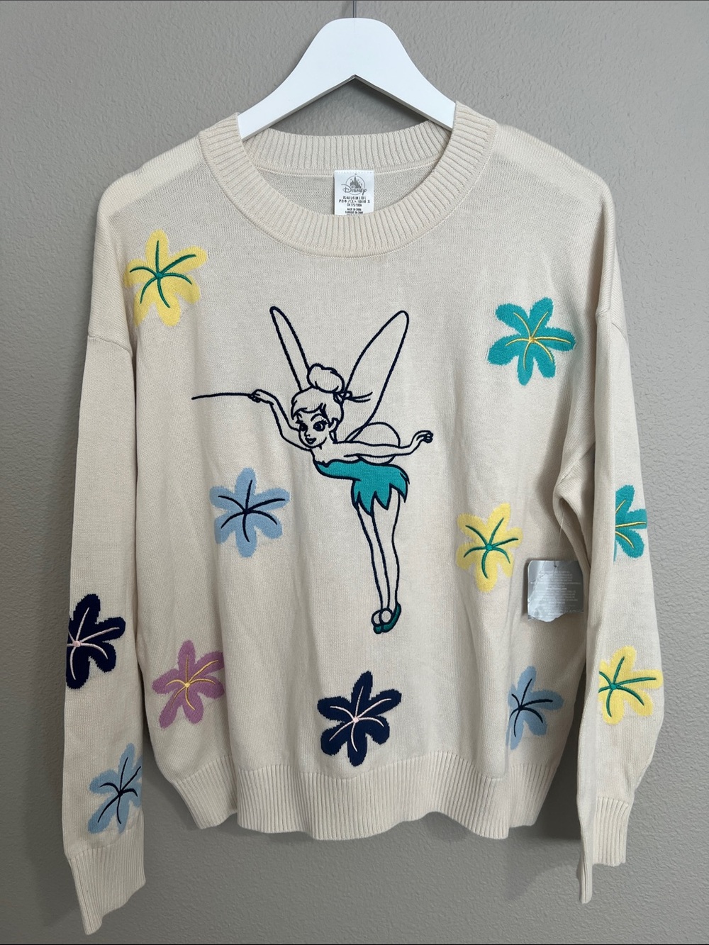 NWT Disneyland Hong Kong Tinker Bell Embroidered Cream Sweater
